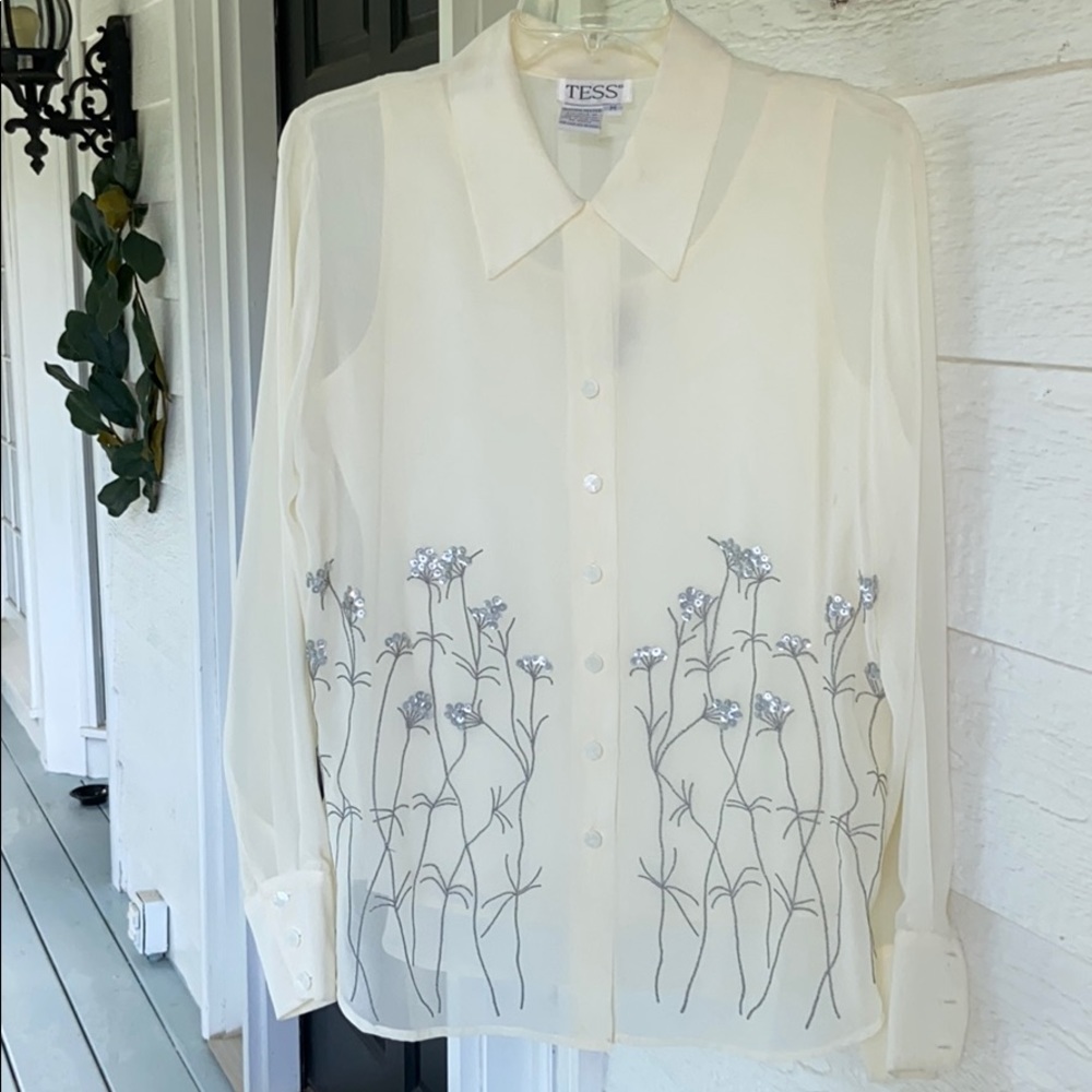 Tess beautifully detailed cream & silver 2-pc dressy blouse sequin accents  M